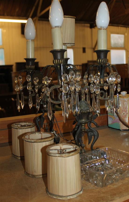 A pair of Empire style twin branch lustre drop table lights, 16.5ins high including shades